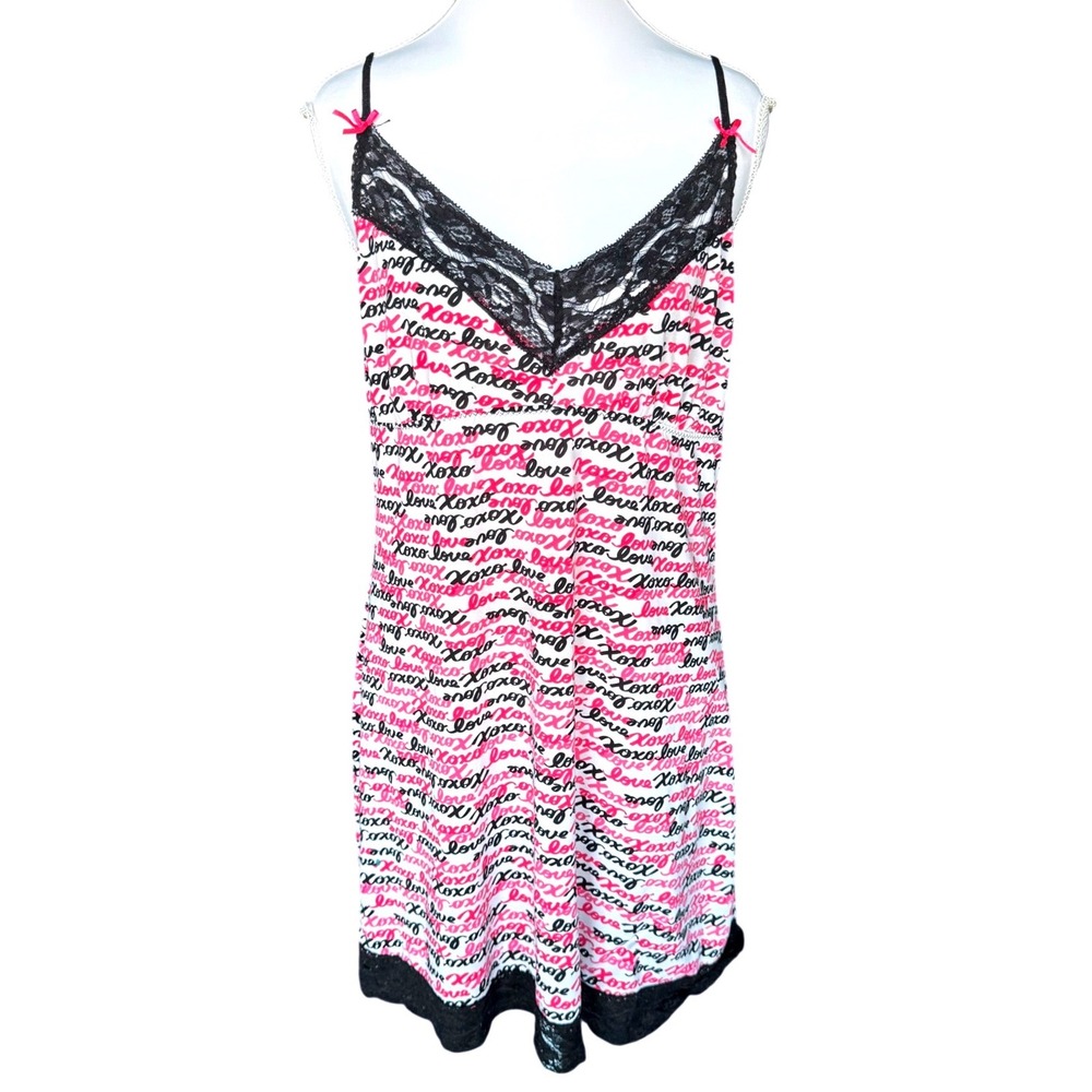 XOXO Slip Dress Y2K Lace Trim Chemise Love Script Print Pink Black Small